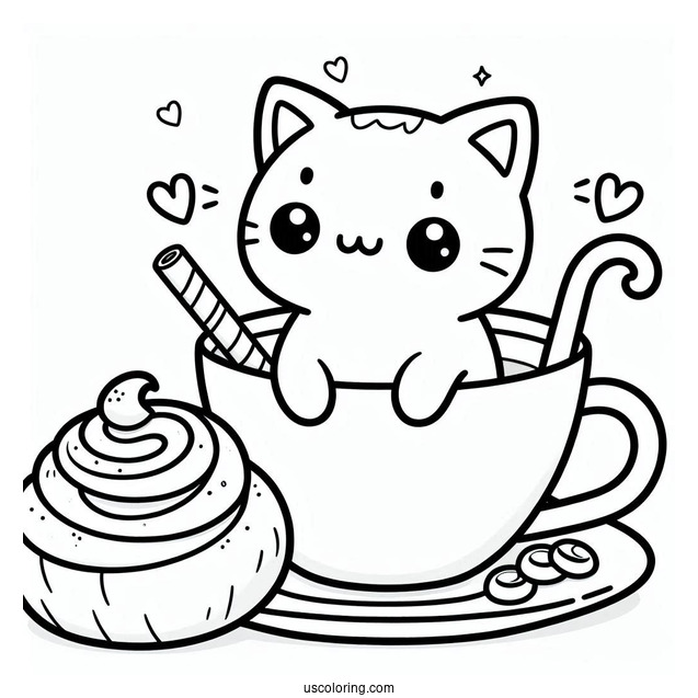 Kawaii Cat In Coffee Coloring Pages Cup With Whipped Cream And Cinnamon Rolls