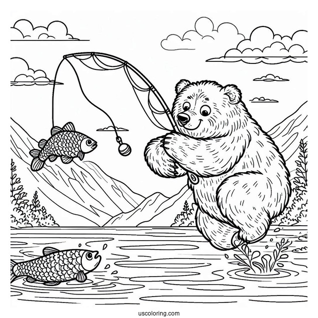 Scary Bear Coloring Page Catching Fish In The Air