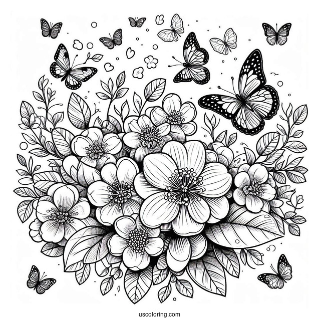 Flower Coloring Pages Of Quince With Butterflies In A Ring
