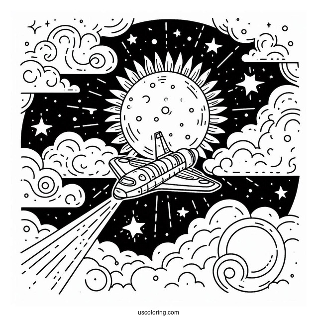 Spaceship Cruising Past The Sun Coloring Pages In Outer Space