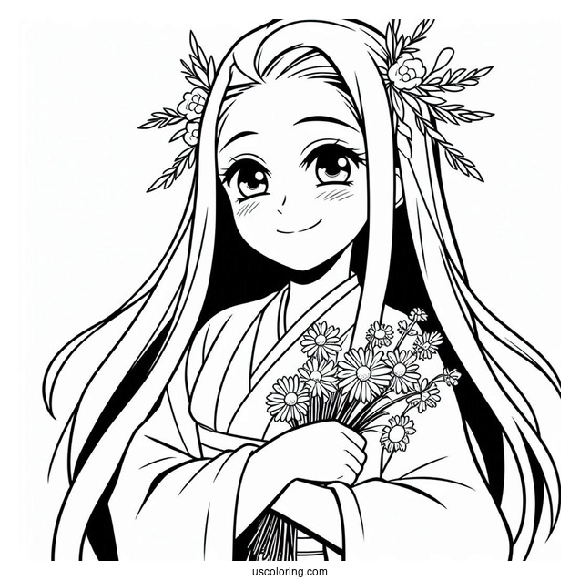 Nezuko Coloring Page Smiling And Holding Wildflowers
