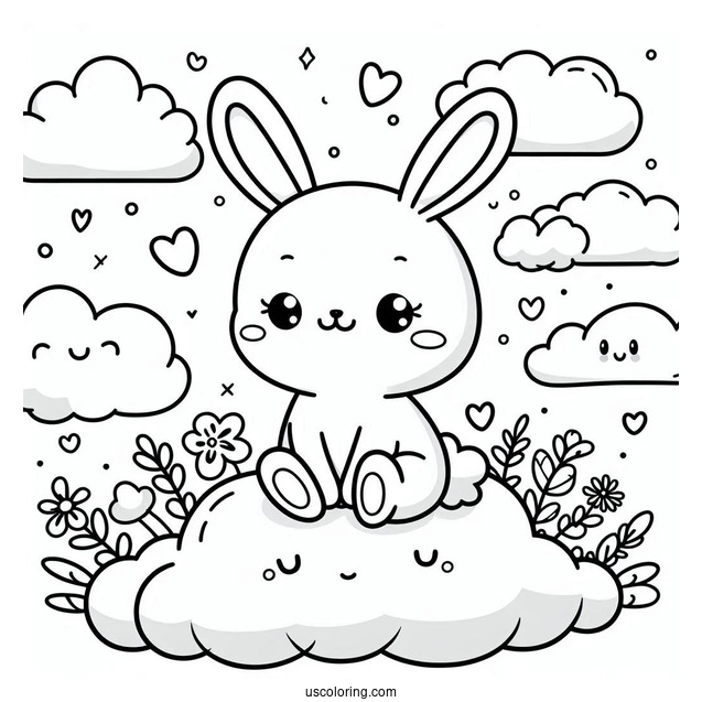 Kawaii Rabbit Coloring Page Sitting On The Clouds