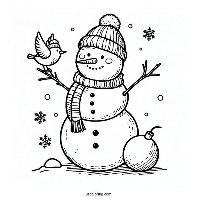 Snowman With Dig And Bird To Color