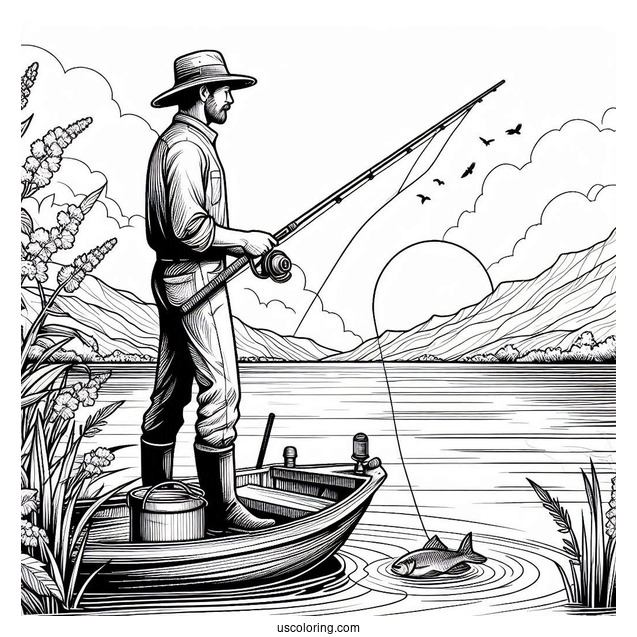 Realistic Man Standing In A Boat With Fishing Coloring Page Rod