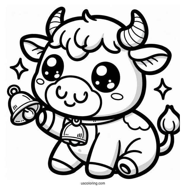 Kawaii Bull With Bell Coloring In For Preschoolers