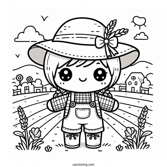 Kawaii Little Scarecrow Coloring Page On A Farm Field For Kids
