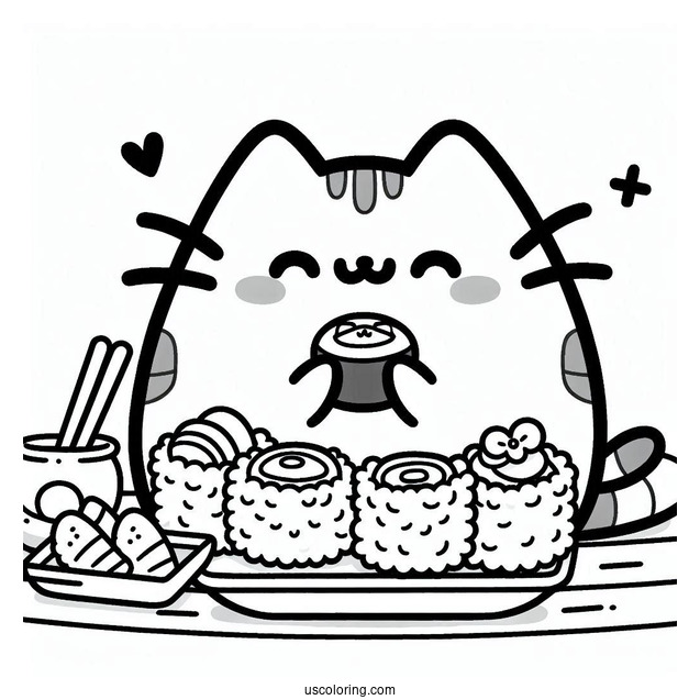 Kawaii Pusheen Eating Sushi Coloring Page