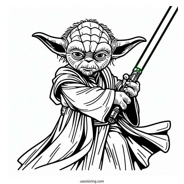 Yoda Fighting With Lightsaber Coloring In For Kids