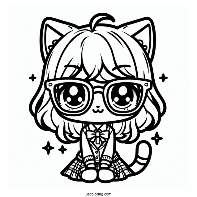 Chibi Nerdy Cat Girl Coloring Sheet For Kids
