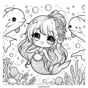 Magical Chibi Coloring Page Mermaid Swimming with Dolphins Under the Sea