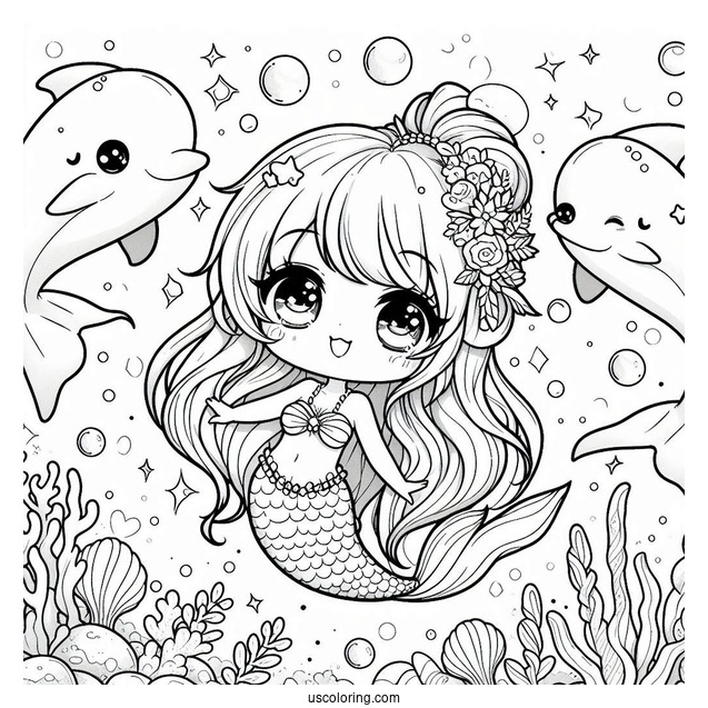 Magical Chibi Coloring Page Mermaid Swimming with Dolphins Under the Sea