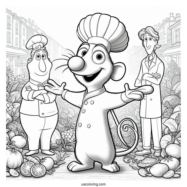 Ratatouille Coloring Page Standing On Alfredo s Head With Colette And Skinner In The Background