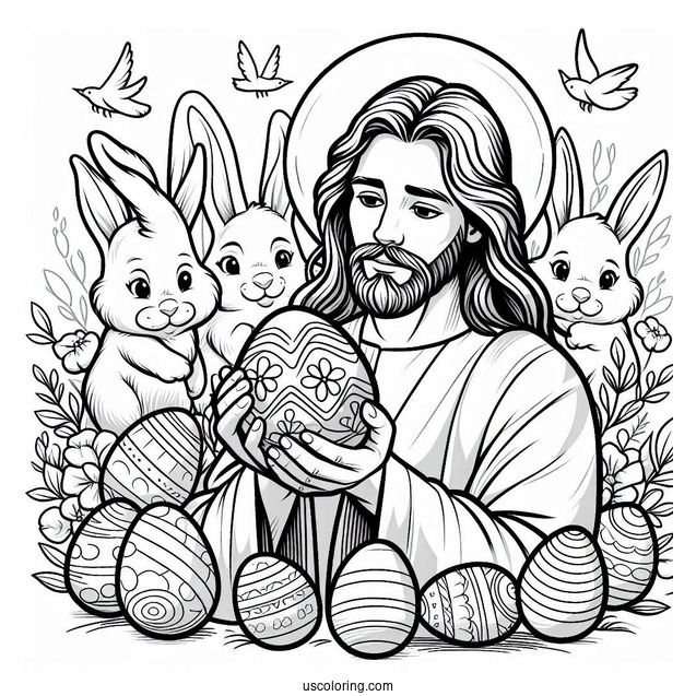 Jesus Holding An Easter Coloring Page Of Egg While Surrounded By Bunnies