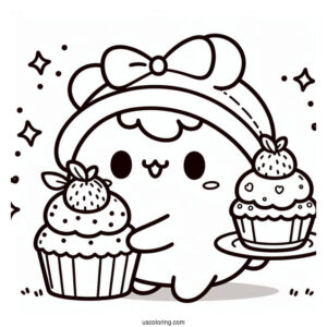 Kawaii Pompompurin Serving Cupcakes Coloring Page