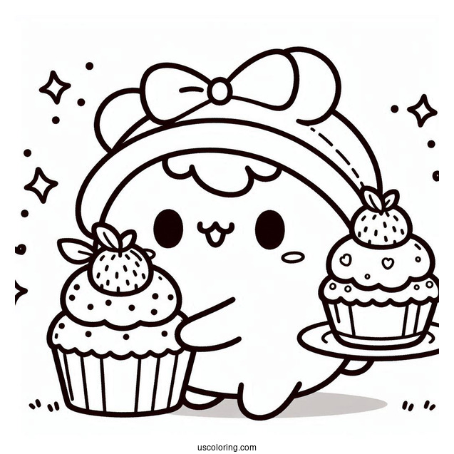 Kawaii Pompompurin Serving Cupcakes Coloring Page
