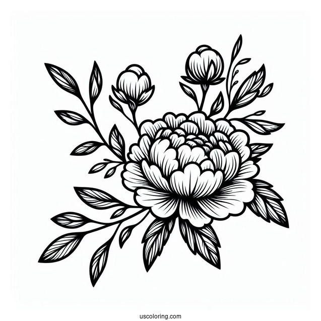 Flower Coloring Pages Of Peony With Leaves