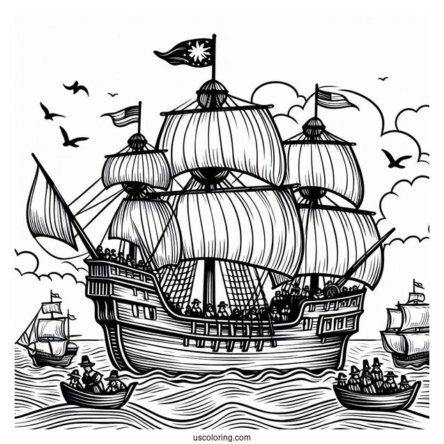 Pilgrim Coloring Page Mayflower Sailing At Sea