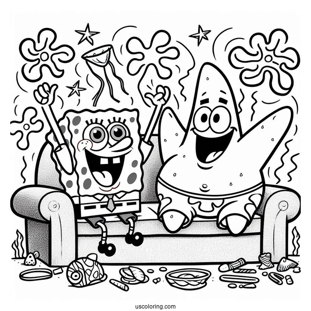 SpongeBob And Patrick Star Coloring Page Cheering On Sofa
