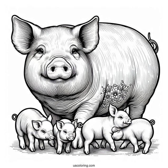 Realistic Mother Pig With Piglets To Color