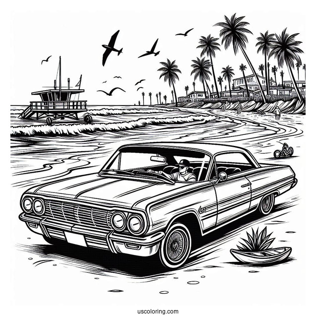 Lowrider Coloring Page Of 1964 Chevy Impala Hopping At The Beach