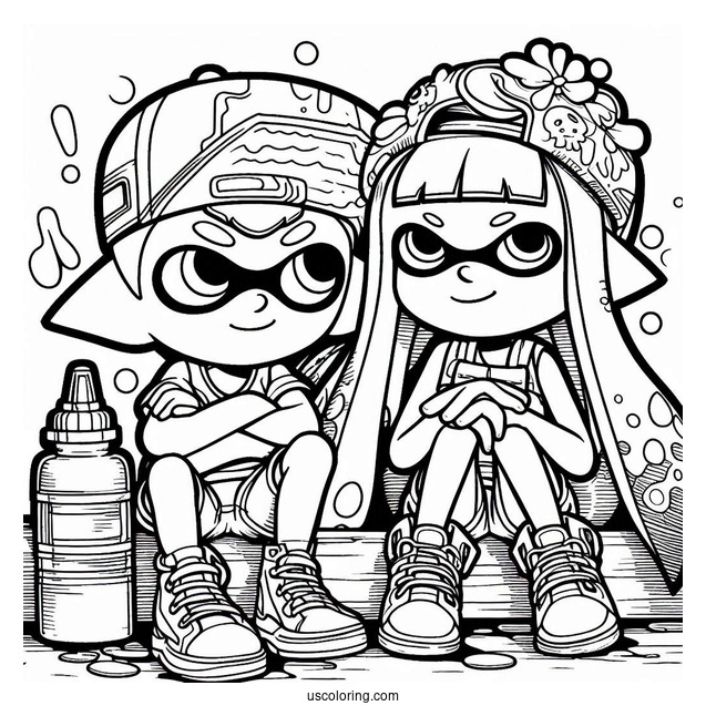 Splatoon Coloring Page Of Orange Inkling Boy Sitting Next To Blue Inkling Girl After Battle