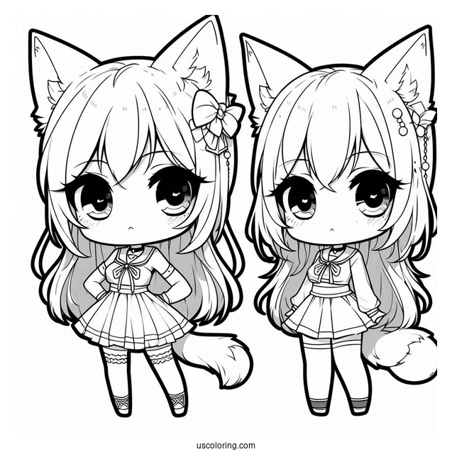 Serious Chibi Girl With Cat Ears And Tail Coloring Sheet