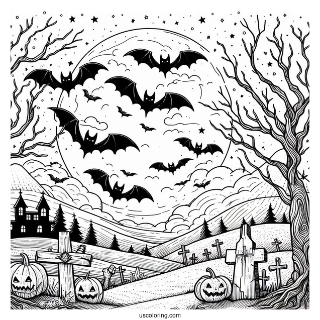 Halloween Graveyard With Bats Coloring Page In The Sky