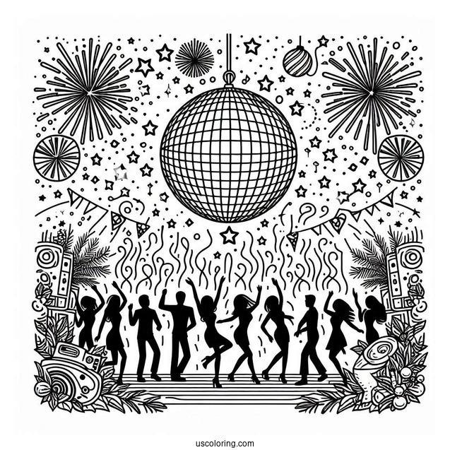 New Year Coloring Page Of Party With Disco Ball Over The Dancers