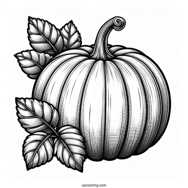 Full Page Realistic Pumpkin Coloring Page With Leaves