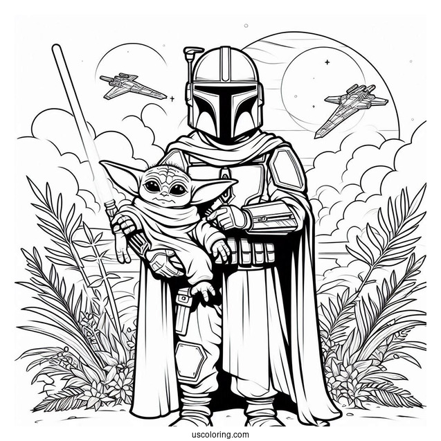The Mandalorian Holding Baby Yoda To Color