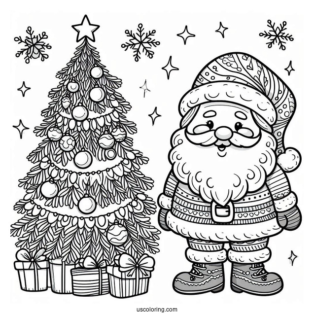 Jolly Santa Next To Christmas Tree