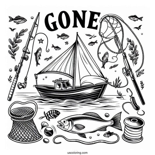 Gone Fishing Coloring Page With Bait, Rods, Nets, And Boat