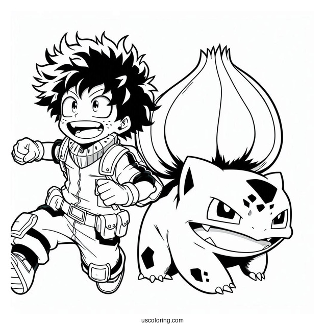 My Hero Academia Izuku Midoriya Crossover With Bulbasau Coloring Pager