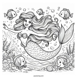 Mermaid Ariel Diving Into Sea With Flounders
