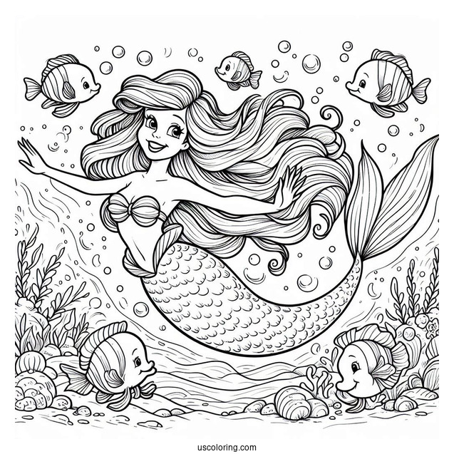 Mermaid Ariel Diving Into Sea With Flounders