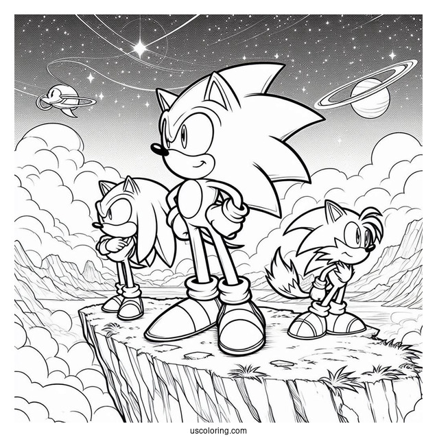 Detailed Sonic,, Knuckles, And Tails Coloring Page Standing On Cliff