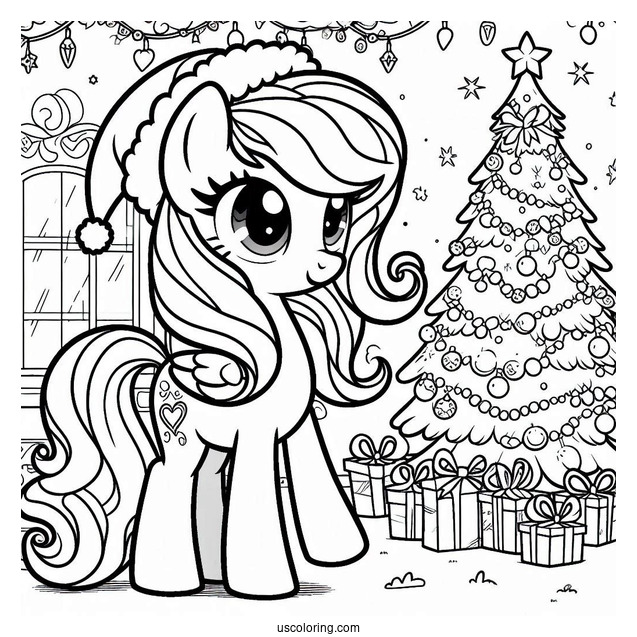 Coloring Page of My Little Pony In Front Of Christmas Tree