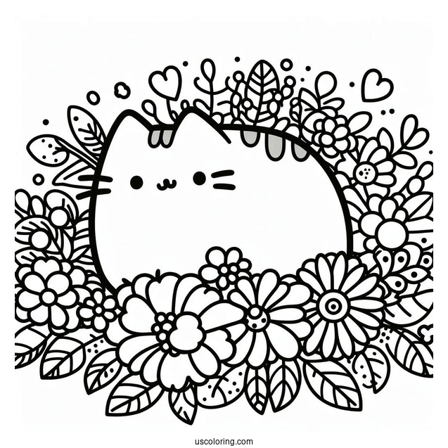 Floral Themed Pusheen Coloring Page For Adults