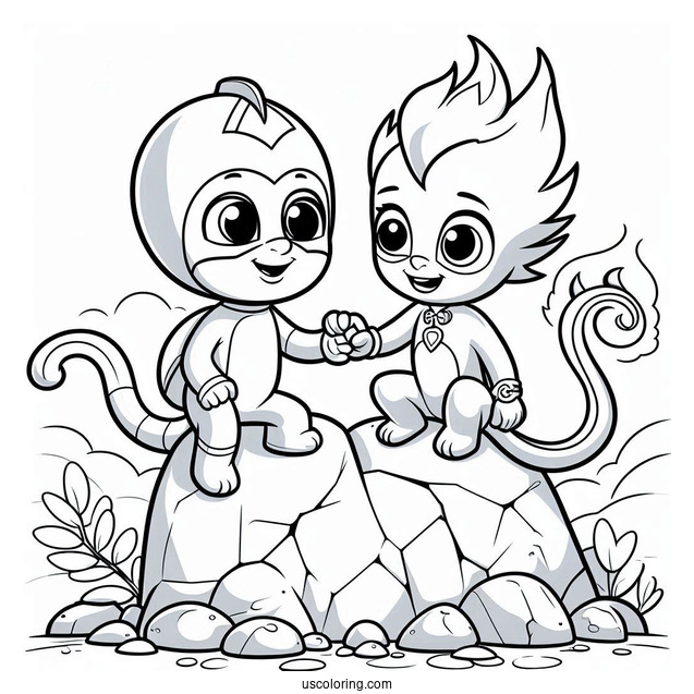 PJ Masks Coloring Page Of Octobella Holding Hands With Gekko On Rock