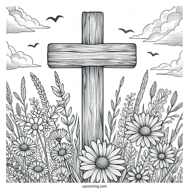 Cross Coloring Page Covered In Wildflowers On A Field