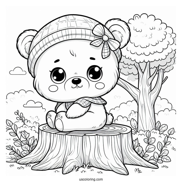 Cute Coloring Page Baby Bear Sitting On A Tree Stump