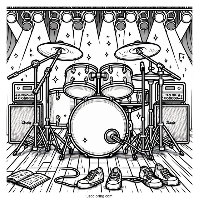 Music Coloring Page Of Complete Drum Set On Stage