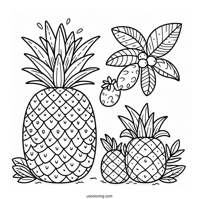 Cute Pineapple Coloring Page in a Fruit Garden For Preschoolers