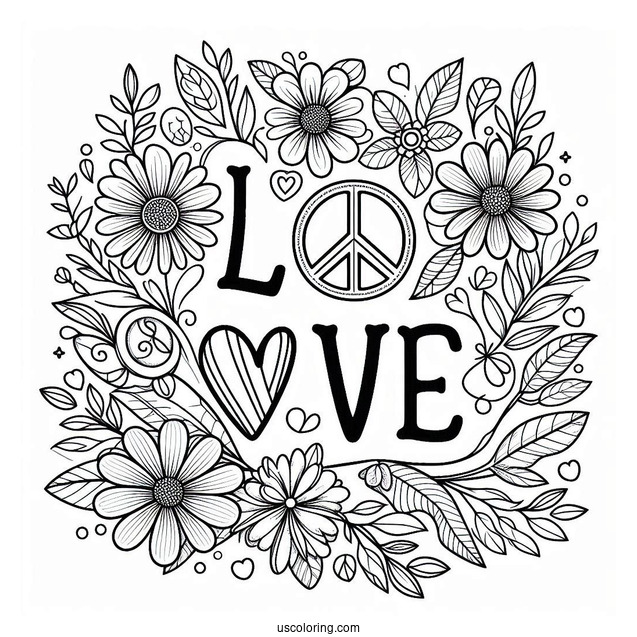 Love Word With Peace Coloring Page Sign And Flowers