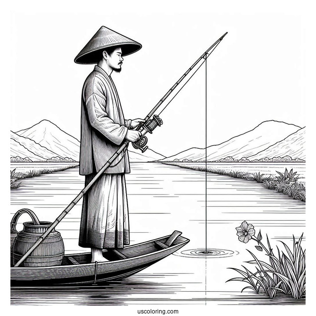 Realistic Man Standing In A Boat With Fishing Coloring Page Rod