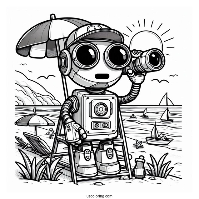 Robot Lifeguard With Binoculars At The Beach