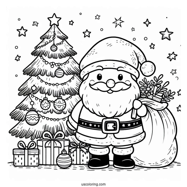 Santa With Sack Of Presents Next To Christmas Tree