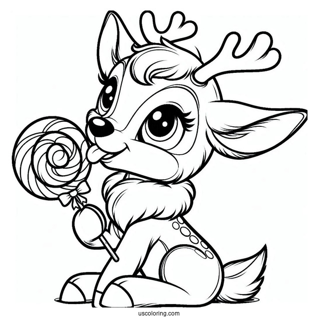 Rudolph Coloring Page Eating A Lollipop For Kids