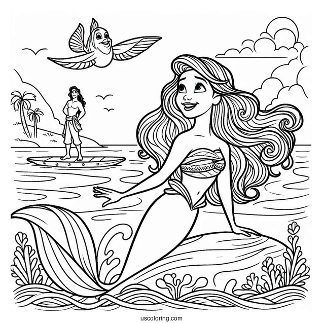 Moana And Ariel At Sea Coloring In