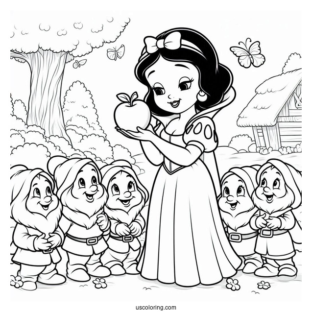 Coloring Page Of Show White Holding Apple With Dwarfs